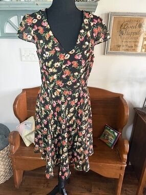 Betsey Johnson Black Floral V-Neck Fit & Flare Dress